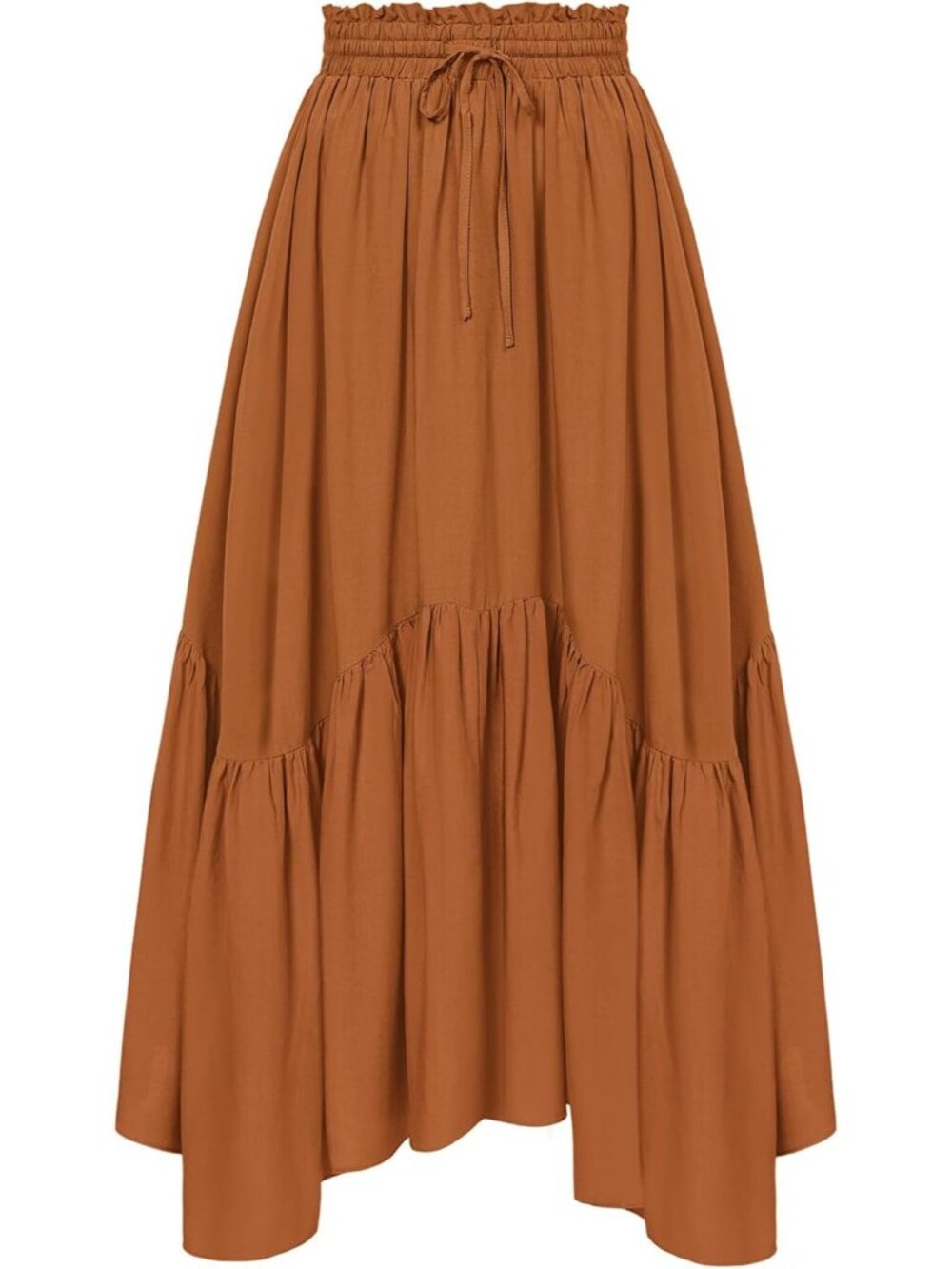 Women Caramel High-Waist Renaissance Boho Flowy Asymmetric Tiered Maxi Skirt